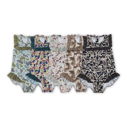5 Colors Camo Print Girls Summer Ruffle 1 Piece Swimsuits Sisters Wear