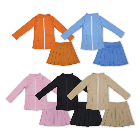 5 Colors Solid Zipper Jackets Top Ruffle Skirts Shorts Girls Yoga Clothes Set Sisters Wear Outfits