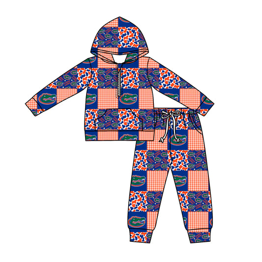 (Custom Design Preorder MOQ 5) Team's Florida Plaid Print Zipper Hoodie Top Pockets Pants Kids Fall Clothes Set