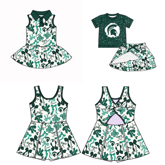 (Custom Design Preorder MOQ 5 Each Color) Team's Michigan Green Bows Print Girls Summer Clothes Sisters Matching Wear