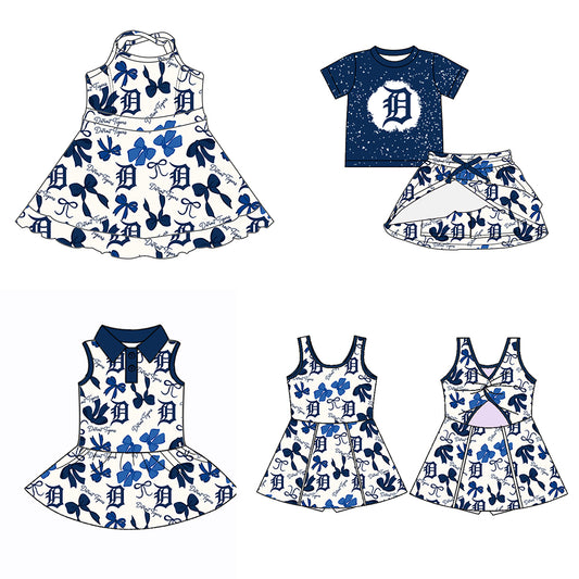 (Custom Design Preorder MOQ 5 Each Color) Team's DETROIT TIGERS Bows Print Girls Summer Clothes Sisters Matching Wear