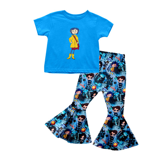 (Custom Design Preorder MOQ 5) Cartoon Coraline Blue Top Bell Pants Girls Halloween Clothes Set