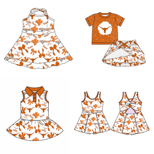 (Custom Design Preorder MOQ 5 Each Item) Team's TEXAS Orange Bows Print Girls Yoga Dresses and Outfits Sisters Matching Clothes