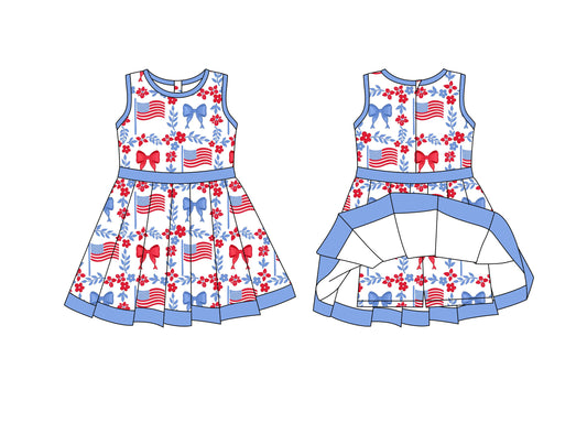(Custom Design Preorder MOQ 5) Flag Bows Flowers Print Zipper Shorts Skirts Girls 4th of July Yoga Dress Sisters Wear