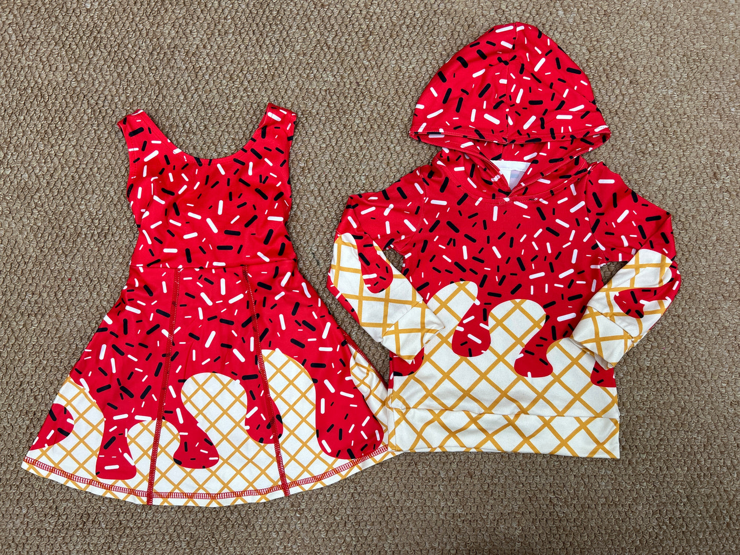 Sprinkles Red Print Girls Yoga Dress & Boys Hoodie Top Sibling Matching Clothes