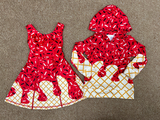 Sprinkles Red Print Girls Yoga Dress & Boys Hoodie Top Sibling Matching Clothes