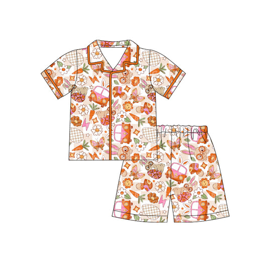 12.10 (Custom Design Preorder MOQ 5) Bunny Flowers Butterfly Print Girls Easter Buttons Pajamas Clothes Set