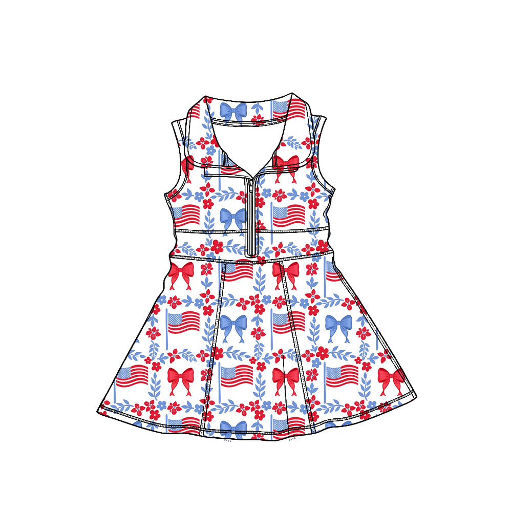 (Custom Design Preorder MOQ 5) Flag Bows Flowers Print Zipper Shorts Skirts Girls 4th of July Yoga Dress Sisters Wear