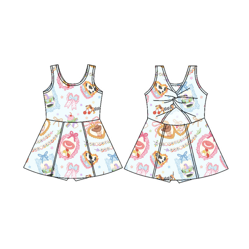 (Custom Design Preorder MOQ 5 Each Item) 5-8 Styles Cartoon Princess Print Backless Shorts Skirts Girls Summer Yoga Dress