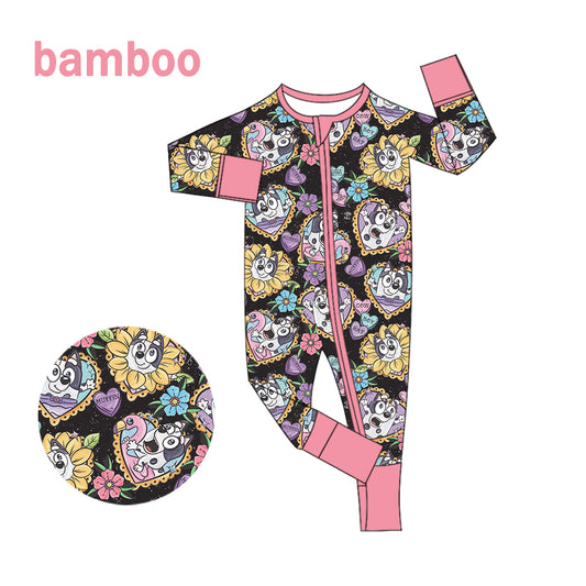 (Custom Design Preorder MOQ 20) Cartoon Dog Flowers Print Baby Girls Long Sleeve Bamboo Sleeper Zipper Romper
