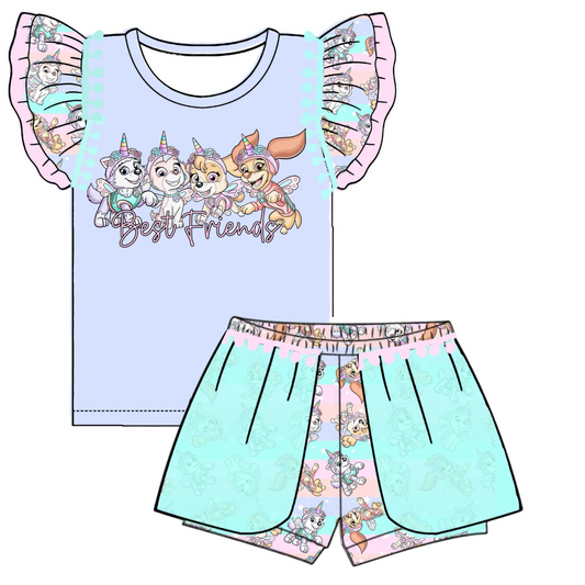 (Custom Design Preorder MOQ 5) Cartoon Dog Print Girls Summer Clothes Set