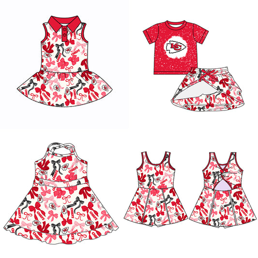 (Custom Design Preorder MOQ 5 Each Color) Team's KC CHIEFS Bows Print Girls Summer Clothes Sisters Matching Wear