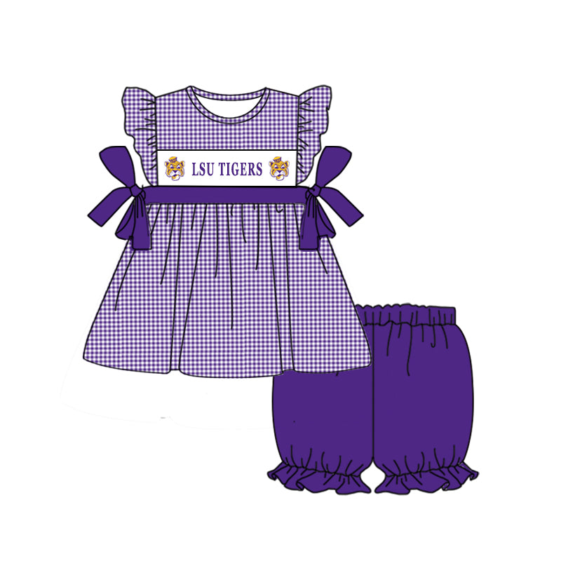 (Custom Design Preorder MOQ 5)  Team's LSU TIGERS Tunic Top Girls Summer Clothes Set