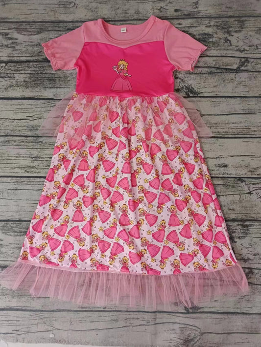 (Custom Design Preorder MOQ 5) Cartoon Princess Print Pink Tulle Girls Ankle Length Summer Dress