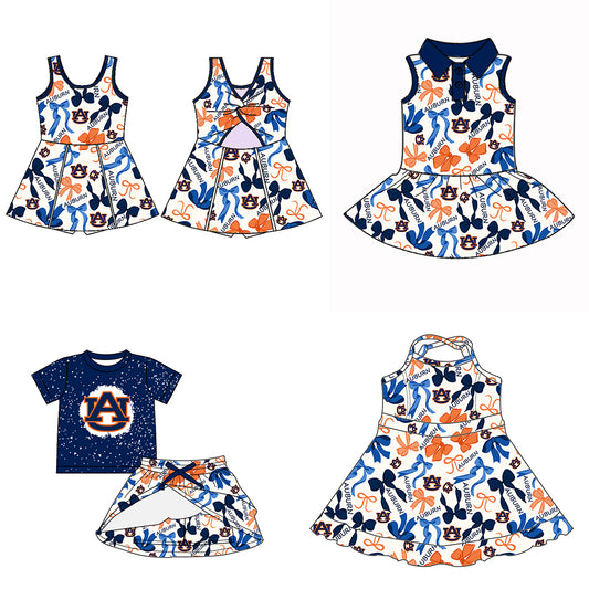 (Custom Design Preorder MOQ 5 Each Color) Team's AUBURN Bows Print Girls Summer Clothes Sisters Matching Wear