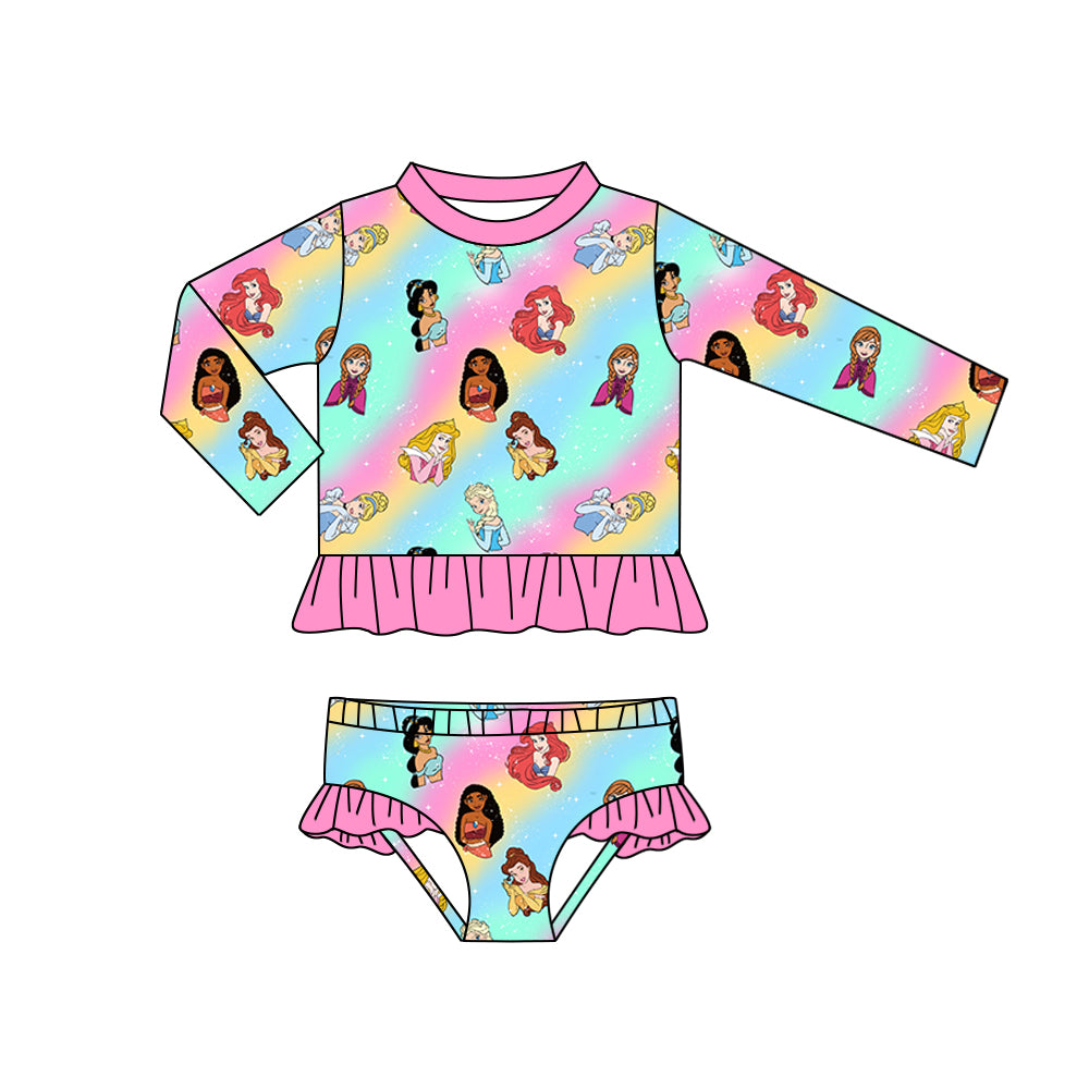 (Custom Design Preorder MOQ 5)  Cartoon Princess Print Girls 2 Pieces Long Sleeve Swimsuits