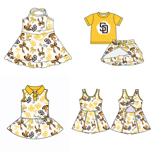 (Custom Design Preorder MOQ 5 Each Color) Team's SAN DIEGO Bows Print Girls Summer Clothes Sisters Matching Wear