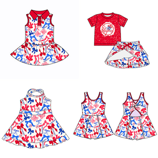 (Custom Design Preorder MOQ 5 Each Color) Team's YANKEES Bows Print Girls Summer Clothes Sisters Matching Wear