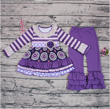 (Custom Design Preorder MOQ 5) Purple Flowers Tunic Top Ruffles Pants Girls Fall Clothes Set