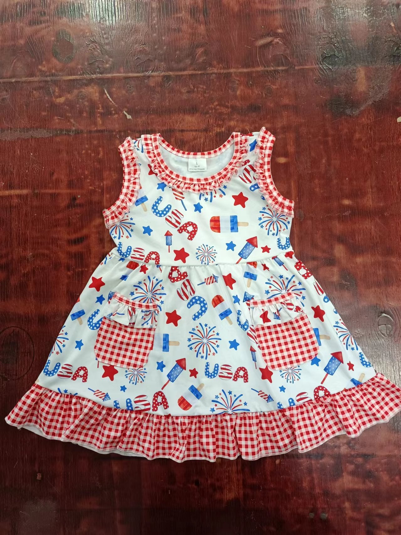 (Custom Design Preorder MOQ 5) Fireworks USA Popsicle Print Pockets Girls Knee Length 4th of July Dress