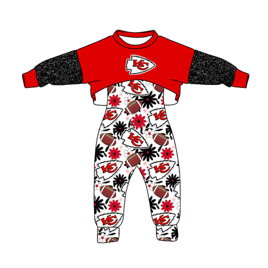 (Custom Design Preorder MOQ 5) Red Top Team's KC Flowers Jumpsuits Girls Fall Clothes Set