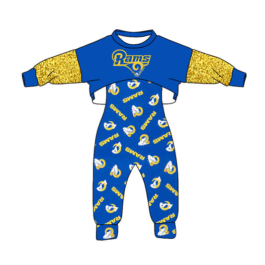 (Custom Design MOQ 5) Blue R Football Team's Girls Jumpsuit Clothes Set