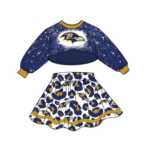 (Custom Design MOQ 5) Dark Blue Long Sleeve Top Leopard Skirts Girls Football Team's Clothes Set