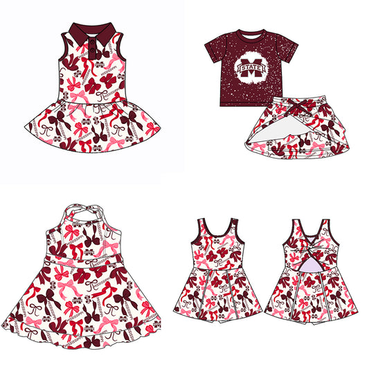 (Custom Design Preorder MOQ 5 Each Color) Team's MISSISSIPPI STATE Bows Print Girls Summer Clothes Sisters Matching Wear
