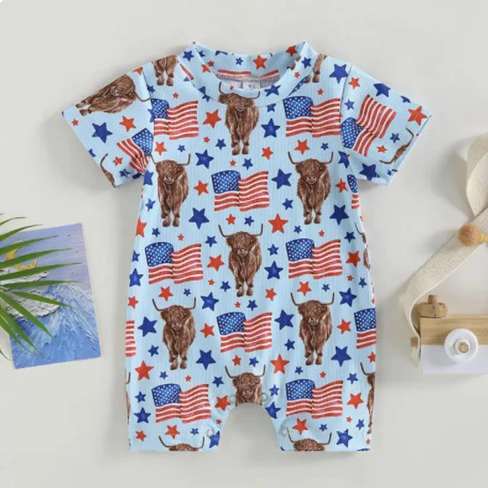(Custom Design Preorder MOQ 5) Highland Cow Stars Print Baby 4th of July Romper