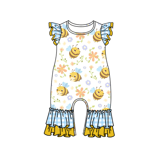 (Custom Design Preorder MOQ 5) Bee Flowers Print Baby Girls Summer Romper