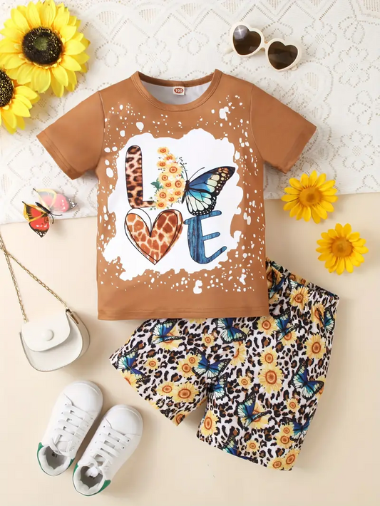 (Custom Design Preorder MOQ 5)  LOVE Butterful Top Sunflowers Shorts Girls Summer Clothes Set