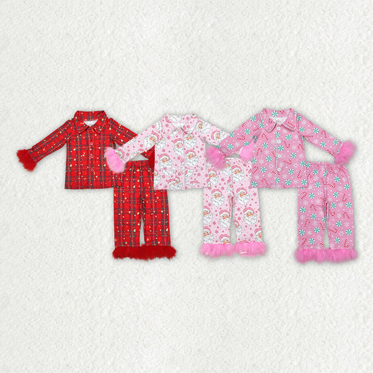 3 Colors Girls Christmas Buttons Fur Pajamas Clothes Set