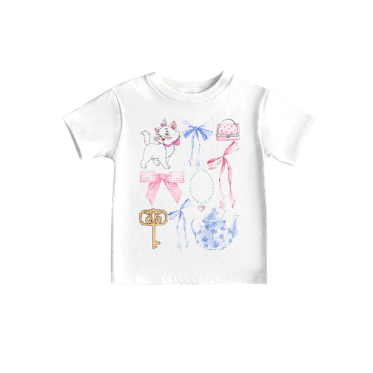 (Custom Design Preorder MOQ 5)NO.20  Cute Cat Bows Print Girls Summer Tee Shirts Top