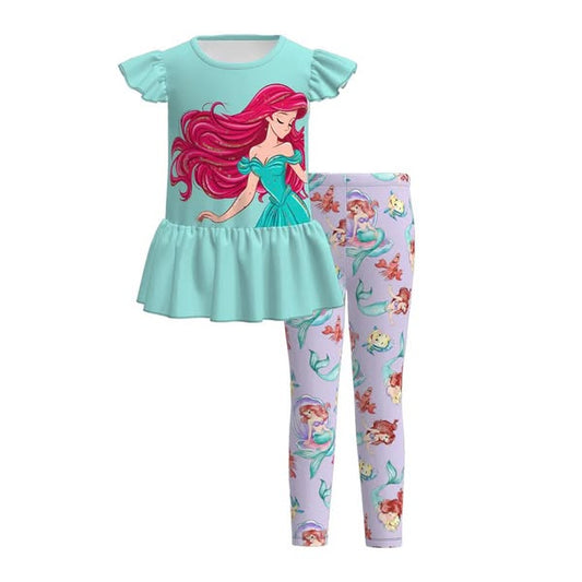 (Custom Design Preorder MOQ 5) Cartoon Princess Blue Top Legging Pants Girls Clothes Set