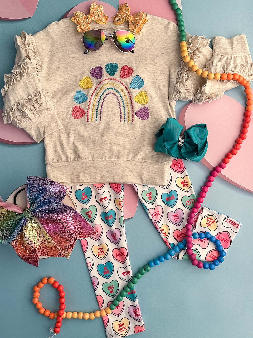 (Custom Design Preorder MOQ 5) Colorful Heart Ruffles Top Legging Pants Girls Valentine's Clothes Set