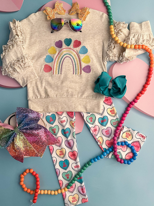 (Custom Design Preorder MOQ 5) Colorful Heart Ruffles Top Legging Pants Girls Valentine's Clothes Set