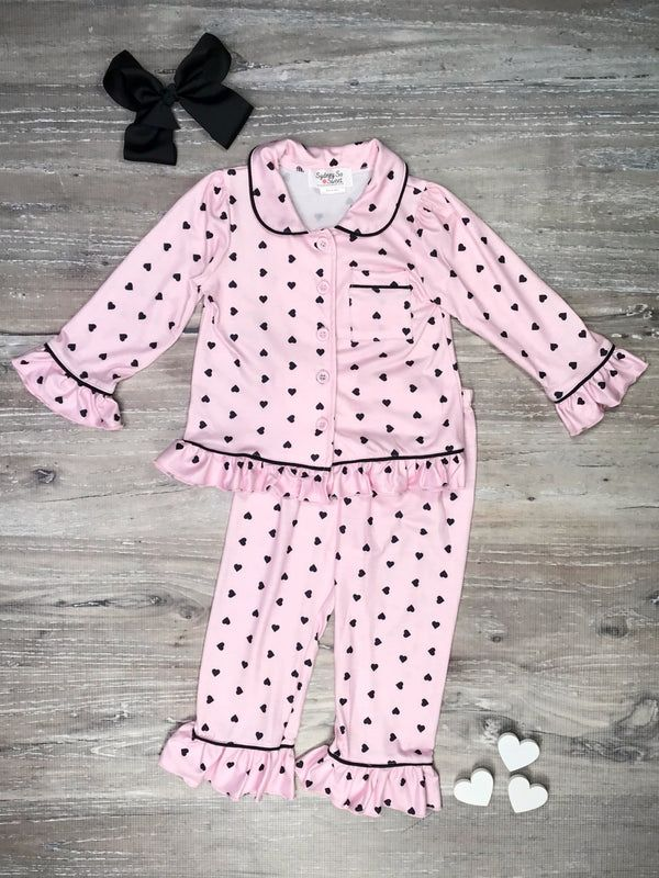 (Custom Design MOQ 5) Pink Heart Print Girls Valentine's Pajamas Clothes Set