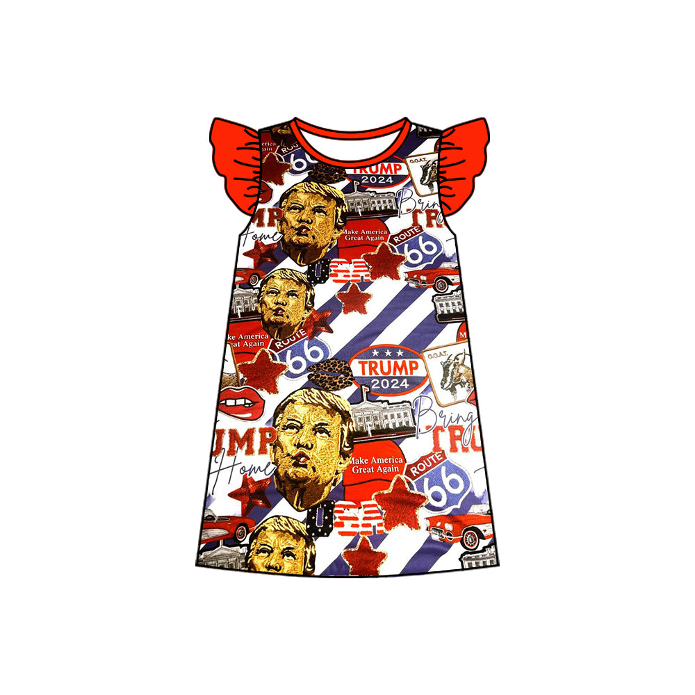 11.22(Custom Design Preorder MOQ 5) Trump Stars Print Girls Flutter Sleeve Knee Length Dress