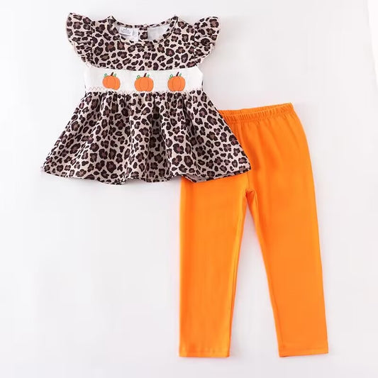 (Custom Design Preorder MOQ 5) Leopard Pumpkin Tunic Top Orange Pants Girls Fall Clothes Set