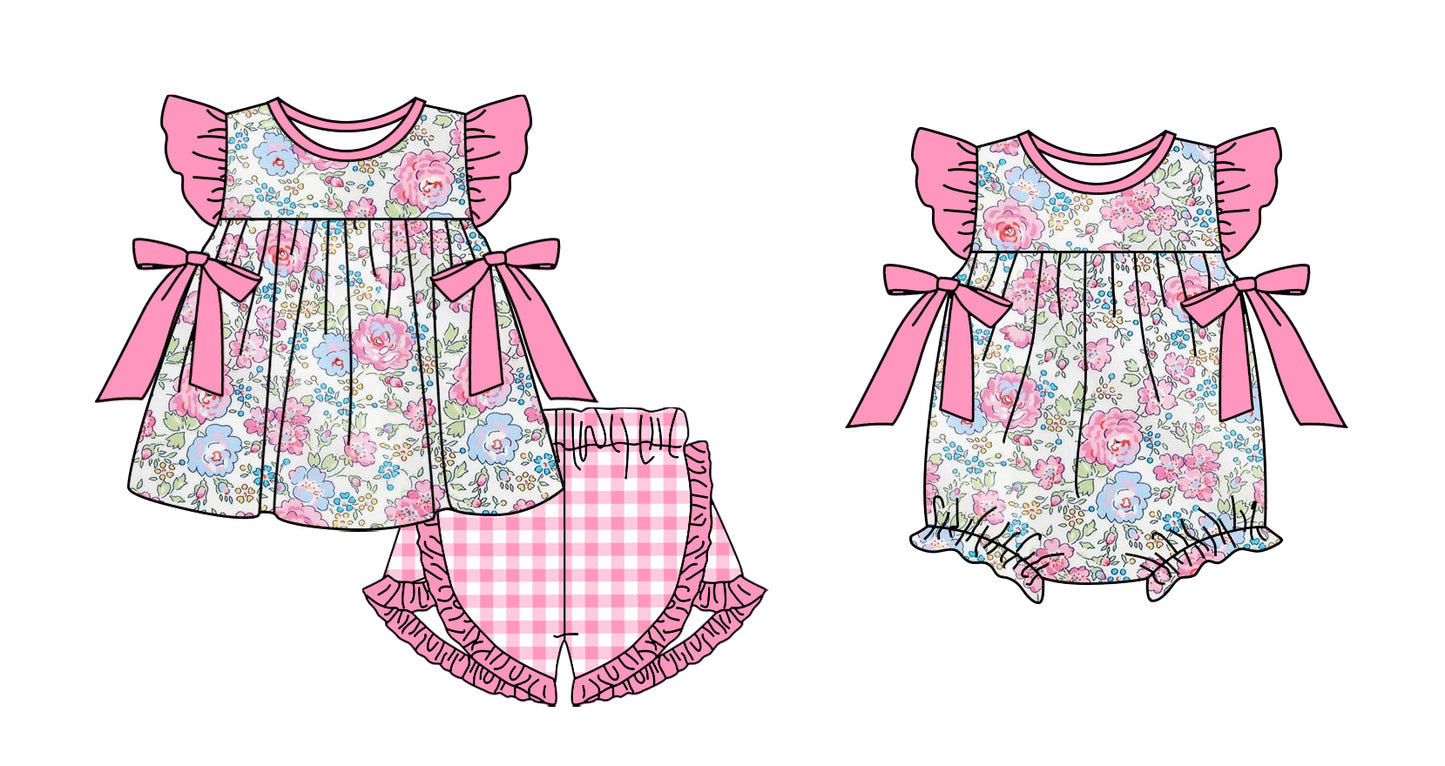 11.4(Custom Design Preorder MOQ 5 Each Design) Pink Flowers Print Girls Summer Matching Clothes Sisters Wear