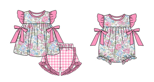 11.4(Custom Design Preorder MOQ 5 Each Design) Pink Flowers Print Girls Summer Matching Clothes Sisters Wear