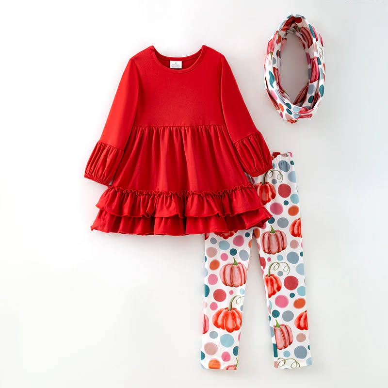 (Custom Design Preorder MOQ 5) Red Tunic Top Pumpkin Pants Girls Fall 3 Pieces Clothes Set