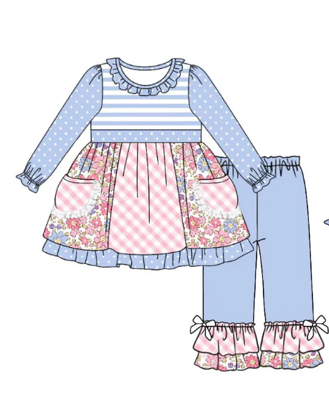3.10(Custom Design Preorder MOQ 5) Flowers Tunic Pockets Top Ruffle Pants Girls Clothes Set