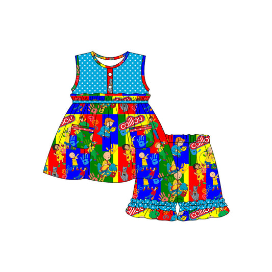 2.27(Custom Design Preorder MOQ 5) Cartoon Caillo* Tunic Top Ruffle Shorts Girls Summer Clothes Set