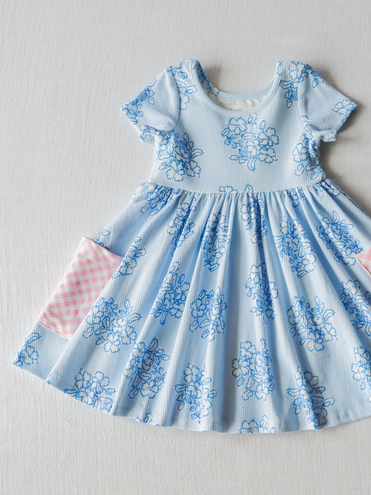 (Custom Design Preorder MOQ 5) NO.8 Blue Flowers Print Pockets Girls Knee Length Summer Dress