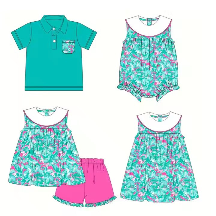 3.10(Custom Design Preorder MOQ 5 Each Design) Seaweed Flowers Green Print Kids Summer Matching Clothes Sibling Wear