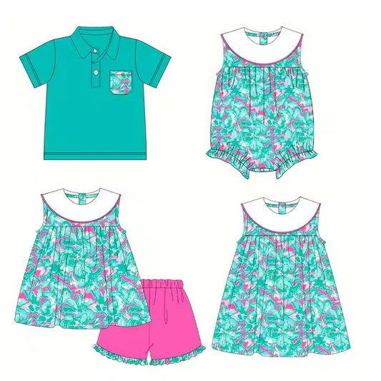 3.10(Custom Design Preorder MOQ 5 Each Design) Seaweed Flowers Green Print Kids Summer Matching Clothes Sibling Wear