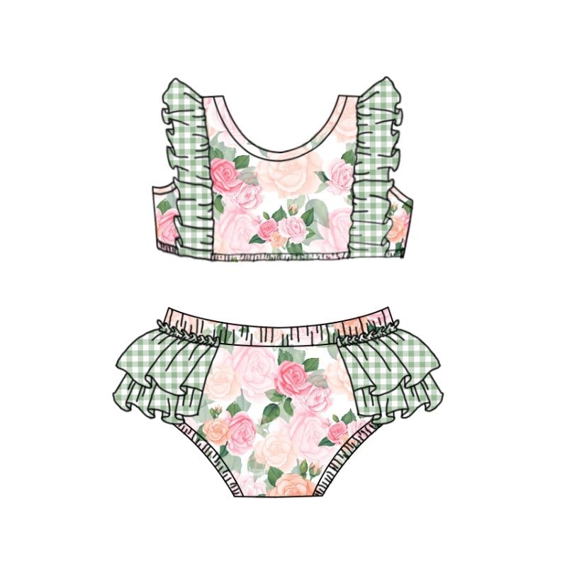 (Custom Design Preorder MOQ 5) Green Flowers Print Girls 2 Pieces Swimsuits