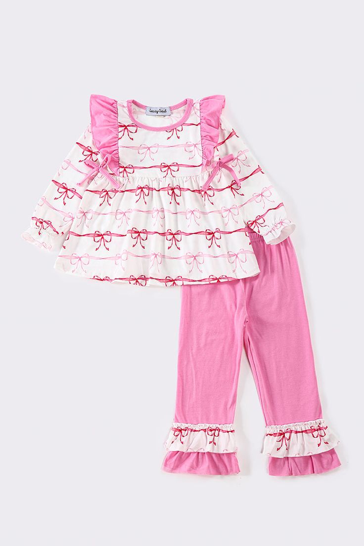 (Custom Design Preorder MOQ 5) Pink Bows Tunic Top Ruffle Pants Girls Spring Clothes Set