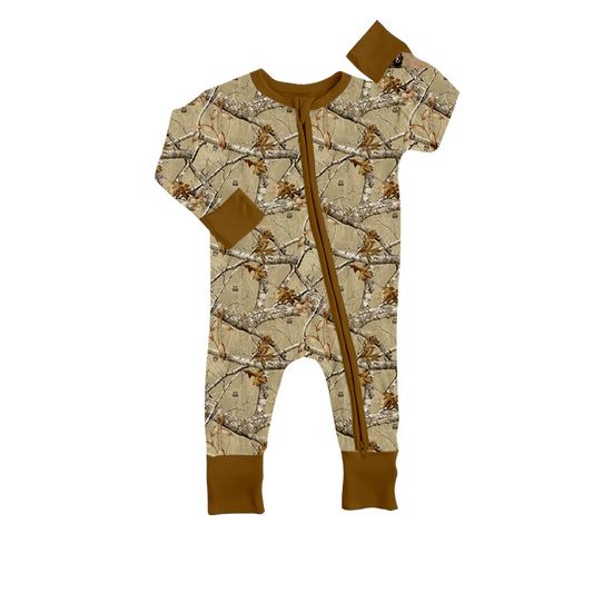 (Custom Design Preorder MOQ 5)  Branch Brown Print Baby Boys Fall Sleeper Zipper Romper